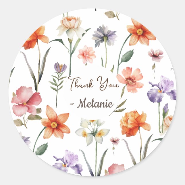 Modern Watercolor Wildflower Floral Pattern Classic Round Sticker (Front)