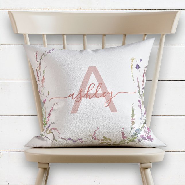 Modern Watercolor Wildflower Initial Monogram Cushion (Creator Uploaded)
