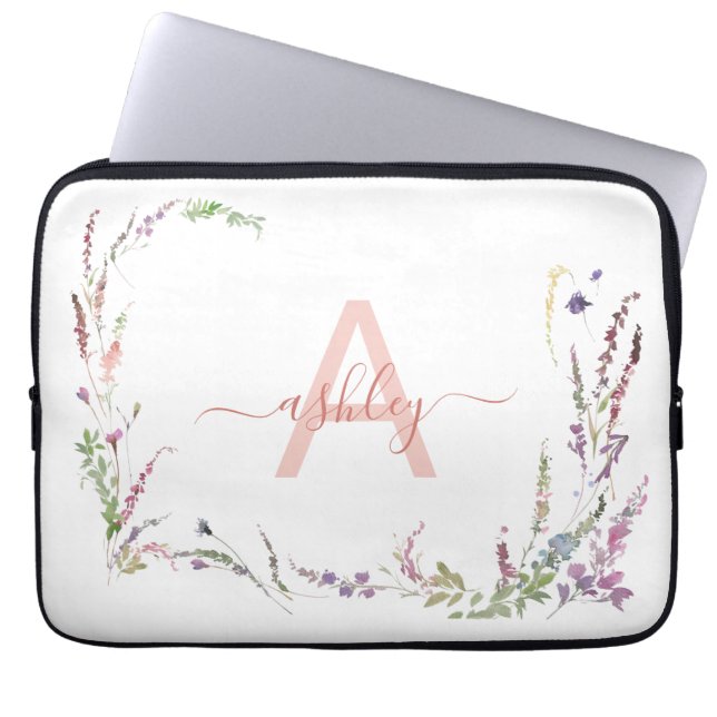 Modern Watercolor Wildflower Initial Monogram Laptop Sleeve (Front)