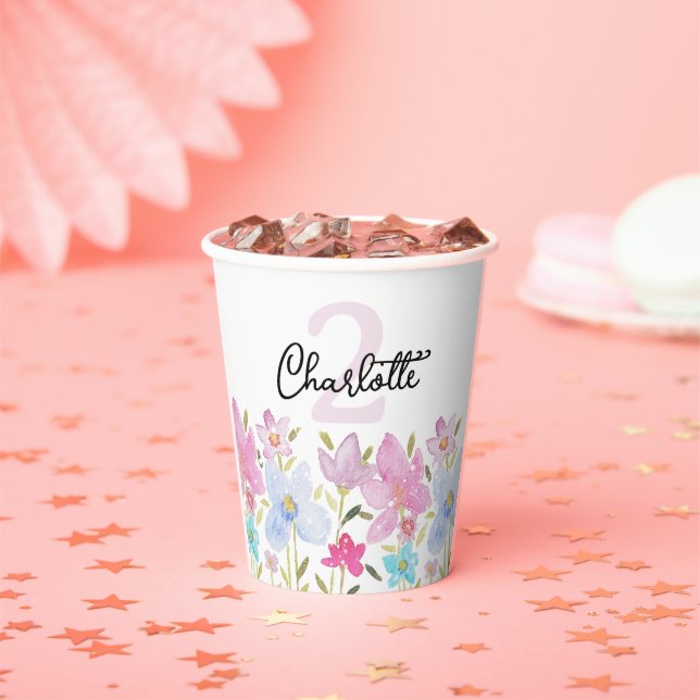 Modern Watercolor Wildflowers Monogrammed Paper Cups (Insitu)