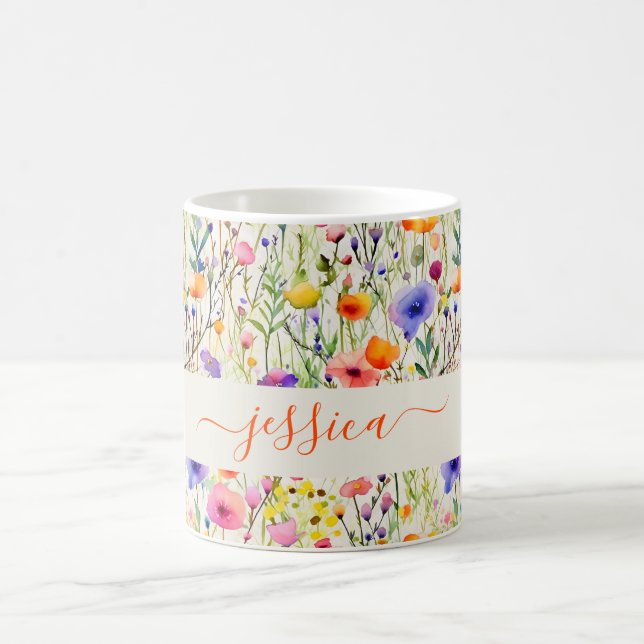 Modern watercolor wildflowers pattern script name coffee mug (Center)
