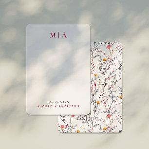 Modern Watercolor Wildflowers Pink Monogram & Name Card