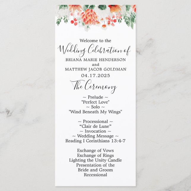 Modern Watercolor Wildflowers Wedding Program Programme (Front)