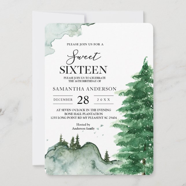 Modern Watercolor Winter Nature Green Trees Invita Invitation (Front)