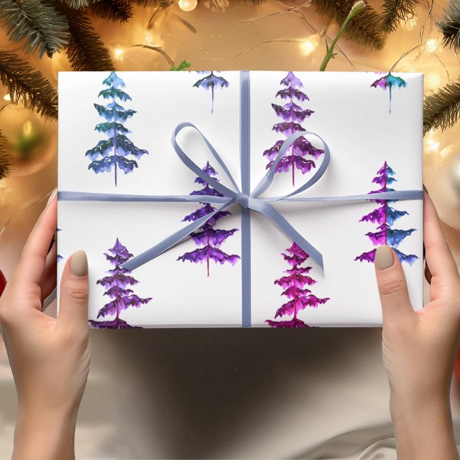 Modern Watercolor Winter Pine PurpleTree Christmas Wrapping Paper (Creator Uploaded)