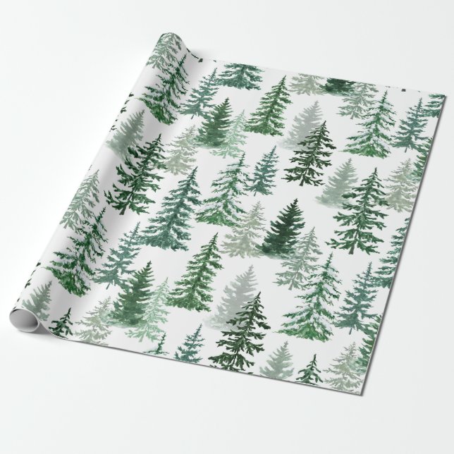 Modern Watercolor Winter Pine Tree Christmas Wrapping Paper (Unrolled)