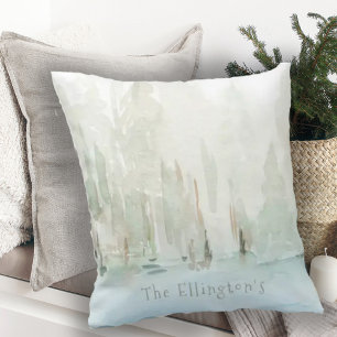 Modern Watercolor Woodland Scene Family Name   Cushion