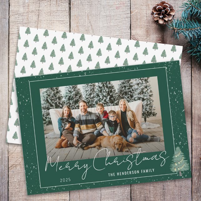 Modern Watercolor Woodland Snow Christmas Photo Holiday Card (Modern woodland snow christmas family photo green & white stylish whimsical script holiday flat card)