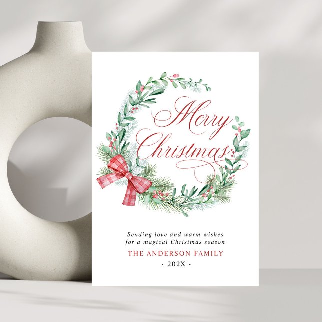 Modern Watercolor Wreath Bow Non Photo Christmas Holiday Card (Creator Uploaded)