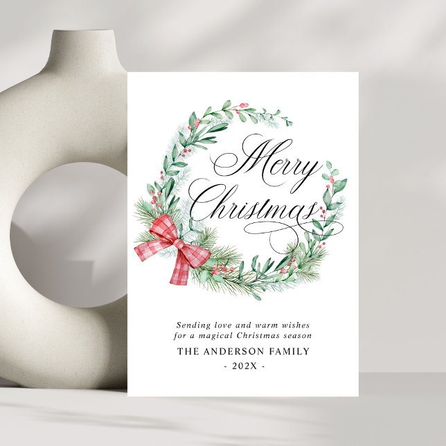 Modern Watercolor Wreath Bow Non Photo Christmas Holiday Card (Creator Uploaded)