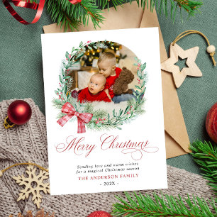 Modern Watercolor Wreath Bow Photo Christmas Holiday Card