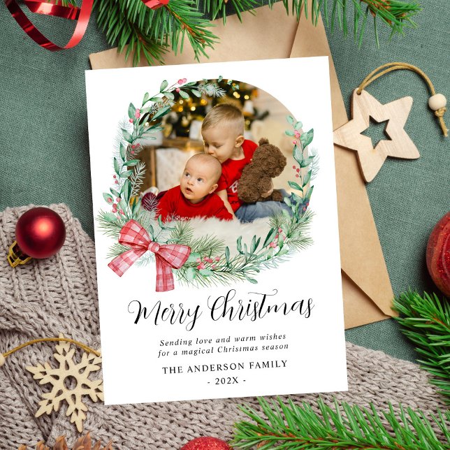 Modern Watercolor Wreath Bow  Photo Christmas Holiday Card (Creator Uploaded)