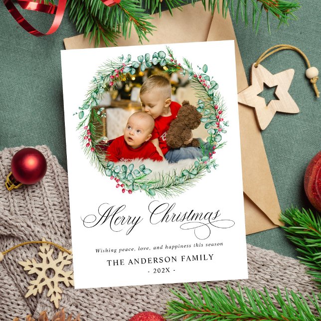 Modern Watercolor Wreath Bow Photo Christmas Holiday Card (Creator Uploaded)