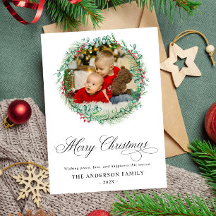 Modern Watercolor Wreath Bow Photo Christmas Holiday Card