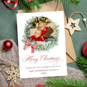 Modern Watercolor Wreath Bow Photo Christmas Holiday Card