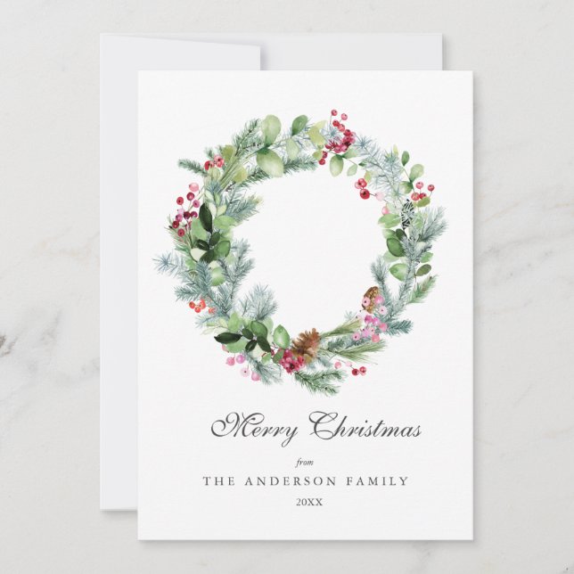 Modern Watercolor Wreath Evergreen and Berries Holiday Card (Front)