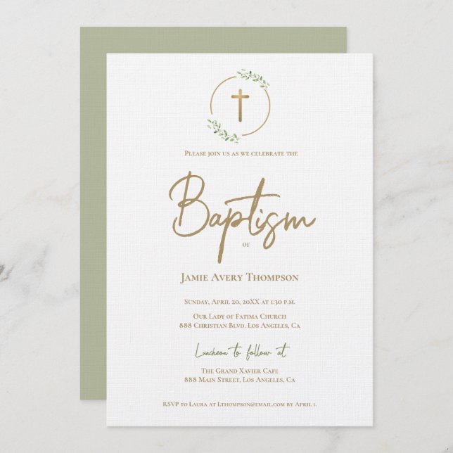 Modern Watercolor Wreath Gilded Gold Cross Baptism Invitation (Front/Back)