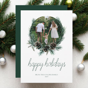 Modern Watercolor Wreath Photo Happy Holidays Holiday Card