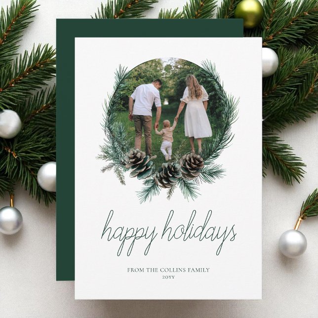 Modern Watercolor Wreath Photo Happy Holidays  Holiday Card (Modern Watercolor Wreath Photo Happy Holidays Holiday Card)