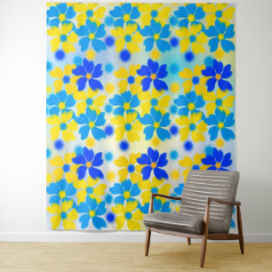 Modern Watercolor Yellow and Blue Flowers Tapestry