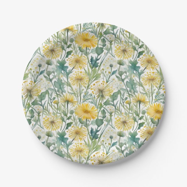 Modern Watercolor Yellow Dandelions Floral Pattern Paper Plate (Front)