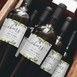 Modern Watercolor Yellow Lemons & Leaf  Wine Label