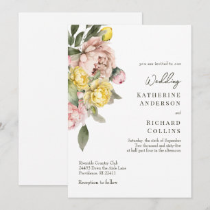 Modern Watercolor Yellow & Pink Peonies Wedding Invitation