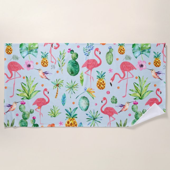 Modern watercolors tropical flowers & Flamingos Beach Towel (Front)