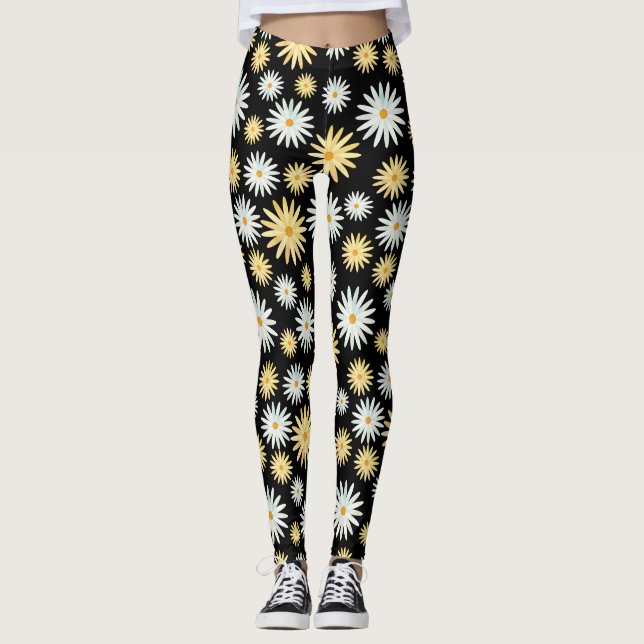 Modern Watercolour April Daisies Pattern Leggings (Front)