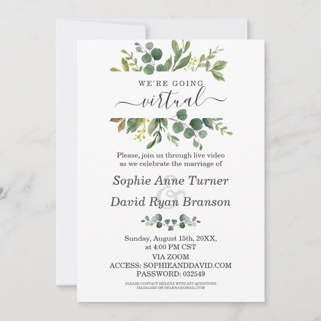 Modern Watercolour Greenery Virtual Wedding Invitation (Front)