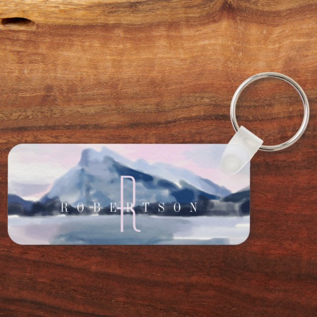 Modern Watercolour Navy Blue Mountain Monogram Key Ring (Front)