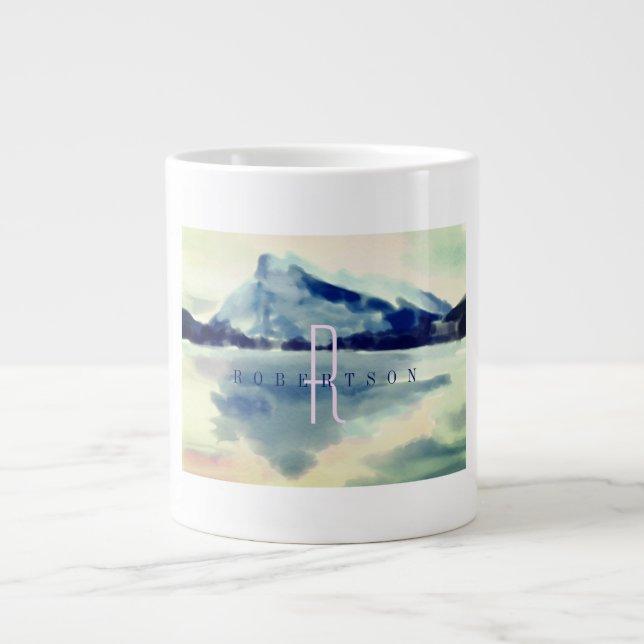 Modern Watercolour Navy Blue Mountain Monogram Large Coffee Mug (Front)