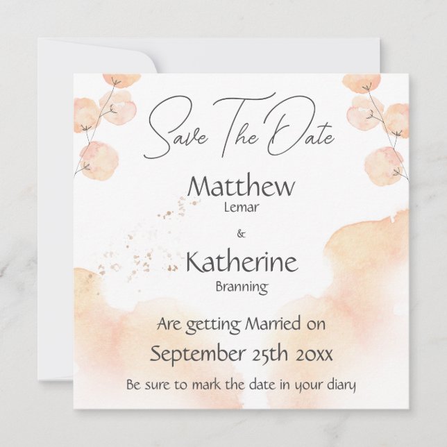 Modern Watercolour Peach Save The Date Wedding (Front)
