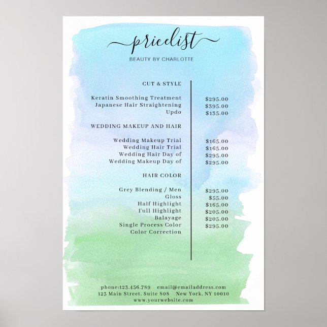 Modern Watercolour Price List Poster (Front)
