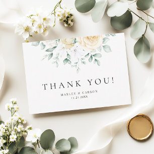 Modern Watercolour White Rose Eucalyptus Greenery Thank You Card