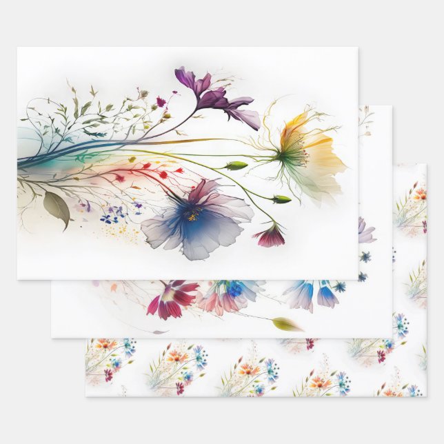 Modern Watercolour Wildflowers Wrapping Paper Sheet (Set)