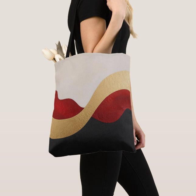 Modern Wave Gold Red Black  Tote Bag (Close Up)