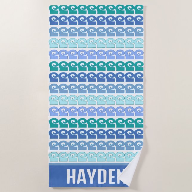 Modern Waves Pattern in Blues Personalised Beach Towel (Front)