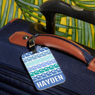 Modern Waves Pattern in Blues Personalised Luggage Tag