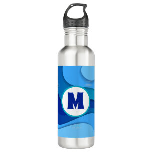 Modern Wavy Blue Abstract Monogram  710 Ml Water Bottle
