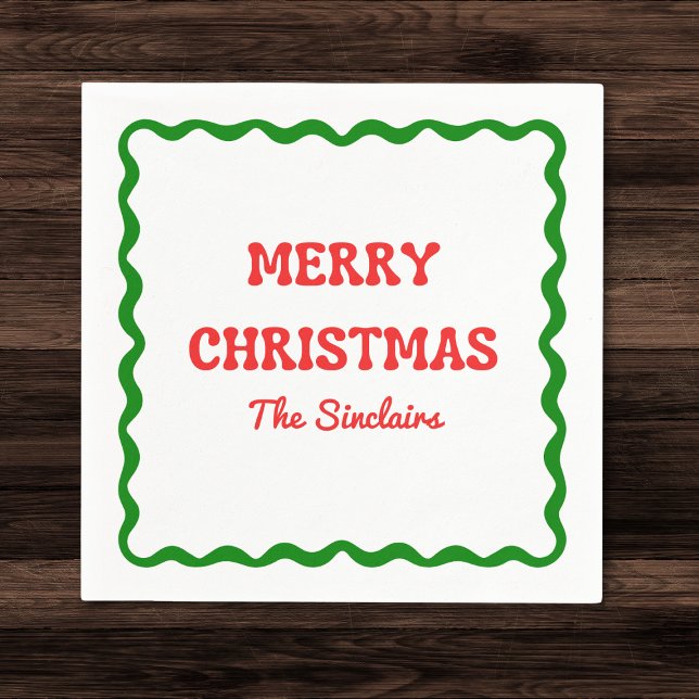 Modern Wavy Border Red & Green Christmas Party Napkin (Creator Uploaded)