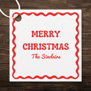 Modern Wavy Border Trendy Red Christmas Party Favour Tags