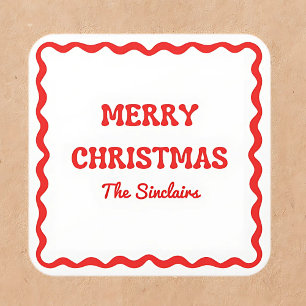 Modern Wavy Border Trendy Red Christmas Party Square Sticker