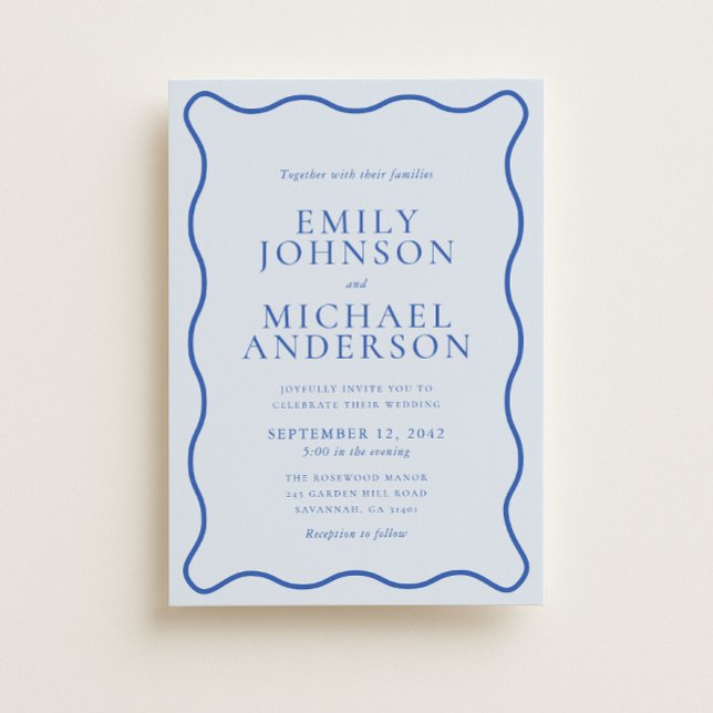 Modern Wavy Bright Blue & Soft Blue Wedding Invita Invitation (Creator Uploaded)