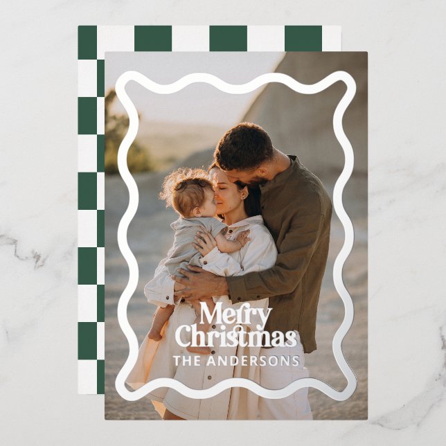 Modern wavy edge check green photo Christmas (Front/Back)