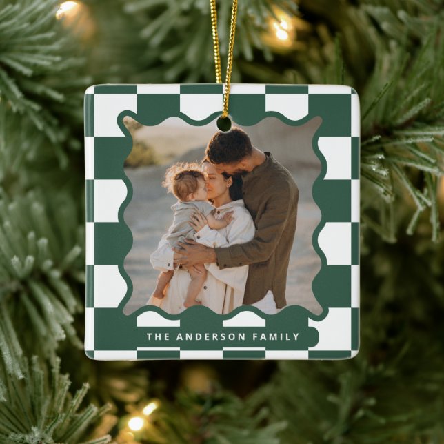Modern wavy edge check minimal photo Christmas Ceramic Ornament (Tree)
