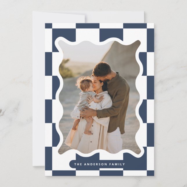 Modern wavy edge check minimal photo Christmas Holiday Card (Front)