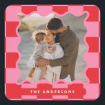 Modern wavy edge check minimal photo Christmas Square Sticker<br><div class="desc">Modern minimal graphic check pattern red and pink wavy edge photo Christmas holiday party favour sticker. Bold on trend design. Part of a holiday collection.</div>