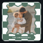 Modern wavy edge check minimal photo Christmas Square Sticker<br><div class="desc">Modern minimal graphic check pattern green wavy edge photo Christmas holiday party favour sticker. Bold on trend design. Part of a holiday collection.</div>