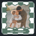 Modern wavy edge check minimal photo Christmas Square Sticker<br><div class="desc">Modern minimal graphic check pattern green wavy edge photo Christmas holiday party favour sticker. Bold on trend design. Part of a holiday collection.</div>